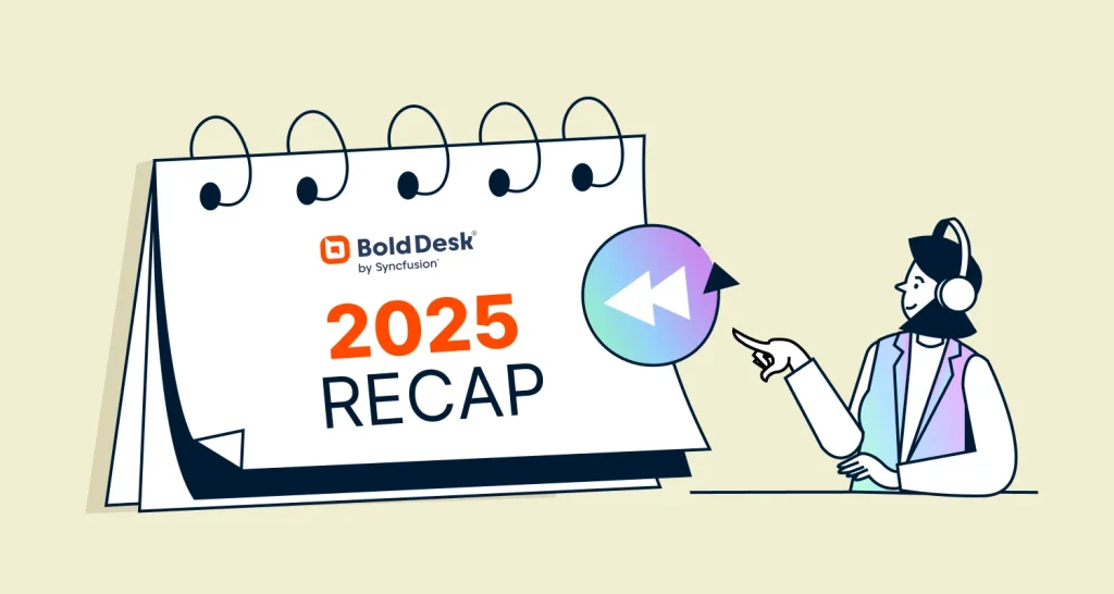 Illustration of a calendar showing “BoldDesk 2025 Recap” with BoldDesk logo and a person pointing to a rewind icon.