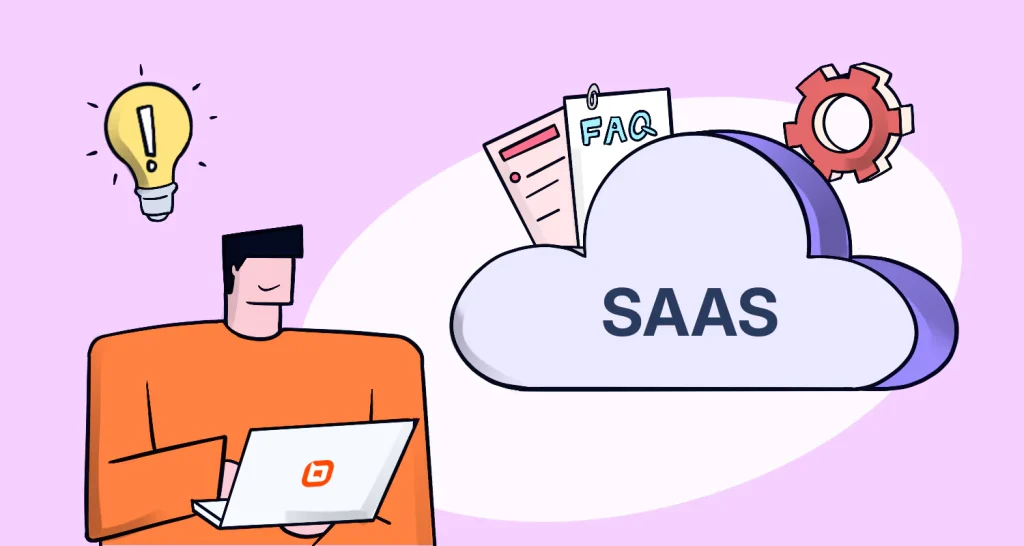 Innovative SaaS concept: person at laptop with idea bulb, cloud labeled FAQ and gear, highlighting tech creativity.