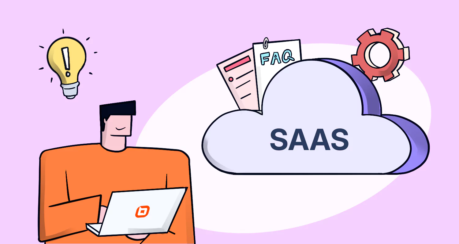 Innovative SaaS concept: person at laptop with idea bulb, cloud labeled FAQ and gear, highlighting tech creativity.
