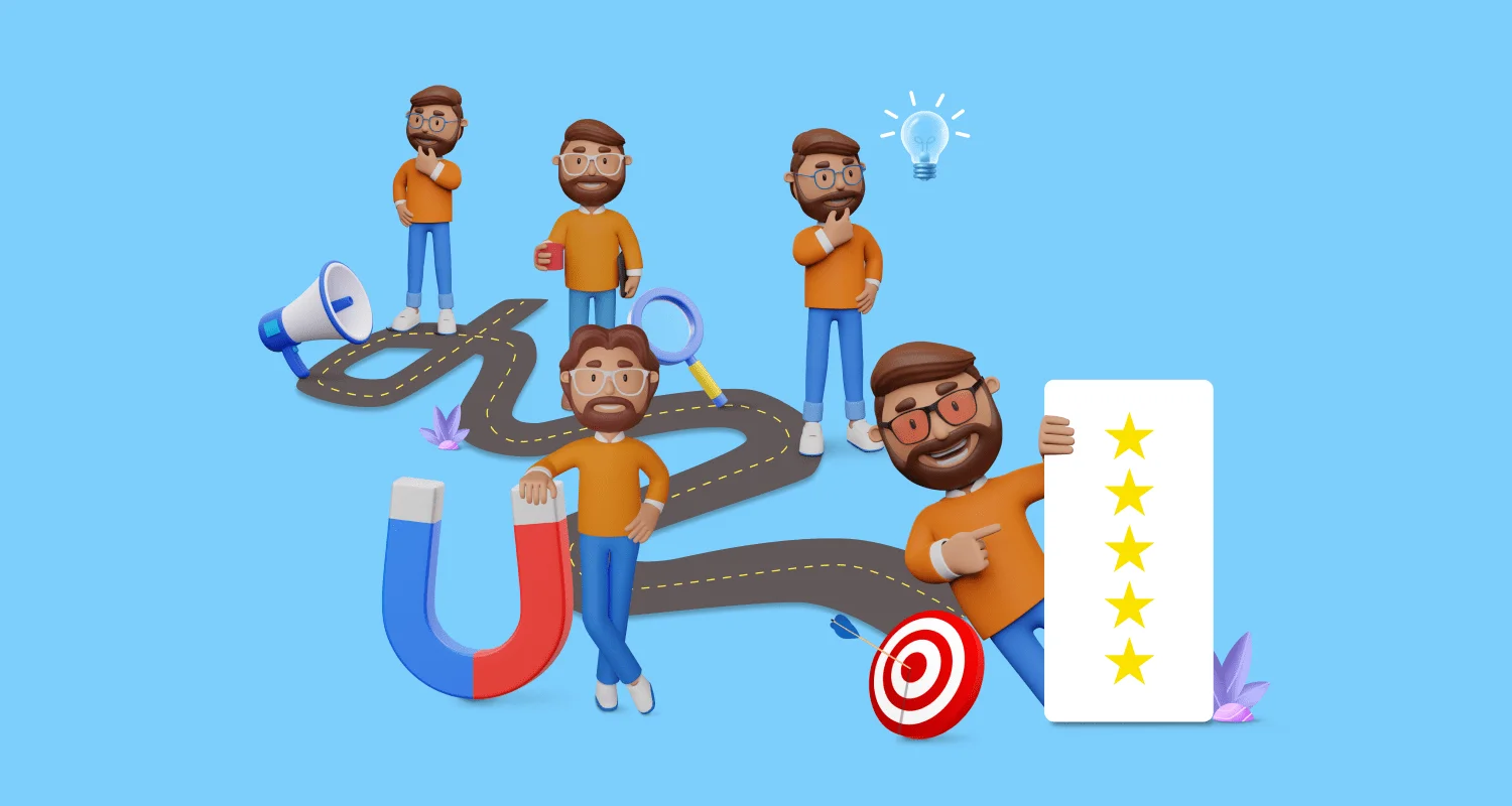 Illustration of a customer journey map showing customer touchpoints, customer experience, ratings, goals, insights, and journey stages from awareness to advocacy.