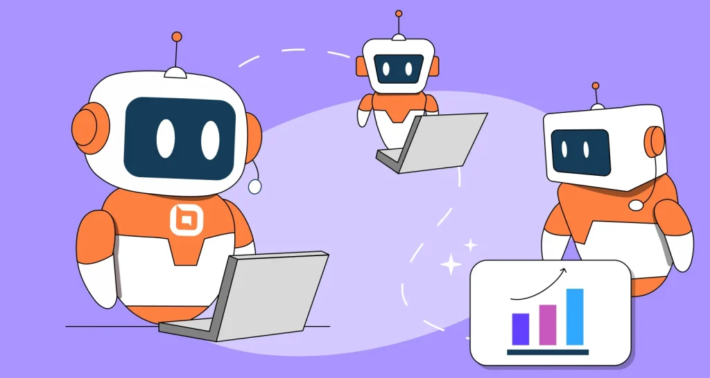 Multi agent AI system showing multiple AI agents collaborating, sharing data, and analyzing results in a connected workflow