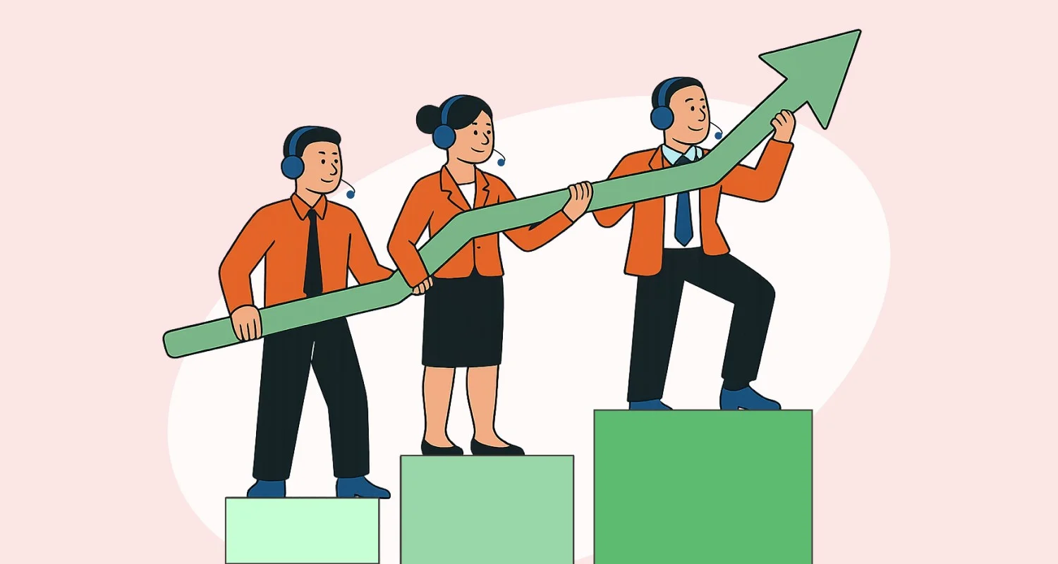 Orange and blue team members, green upward arrow, and green podium symbolizing scaling customer support