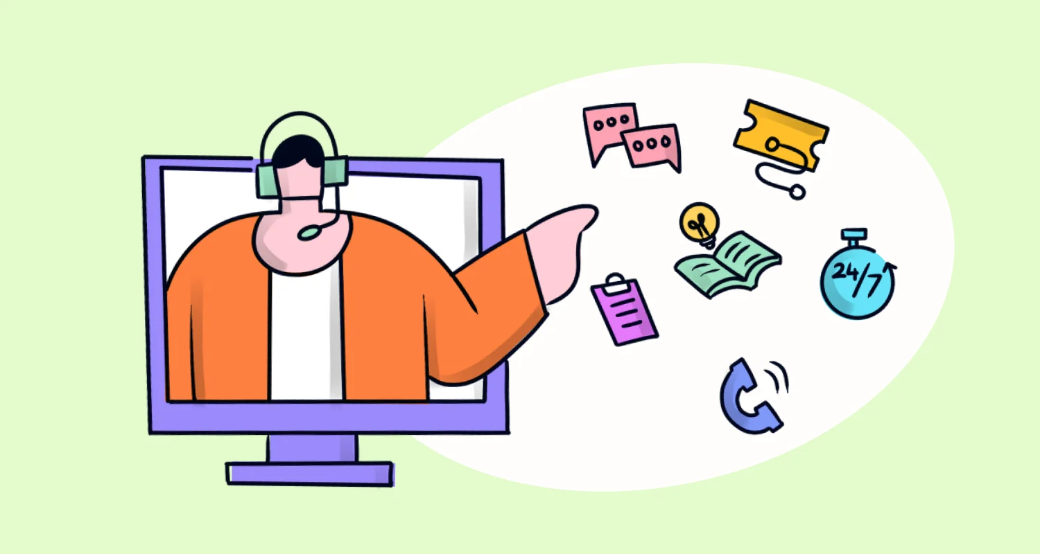 Best help desk software illustration with support agent, ticket management, and customer service icons