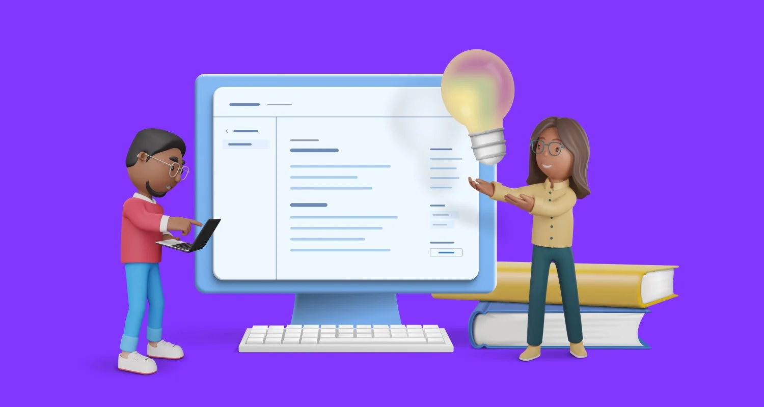 Knowledge base illustration featuring a computer screen, document icons, and user support graphics on a purple background