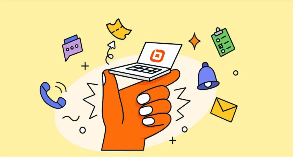 Infographic with an orange hand holding a laptop with floating icons on representing digital tools