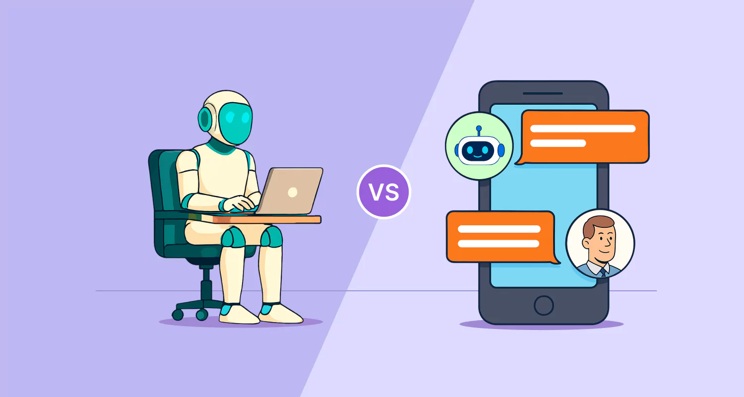 AI agent vs chatbot illustration with a green robot, purple background, and orange chat interface showing automation