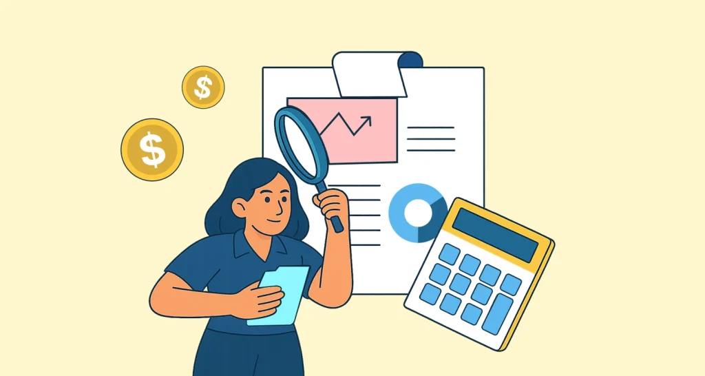 Illustration representing a customer service audit, showing a person reviewing business reports with a magnifying glass alongside charts, a calculator, and financial documents.