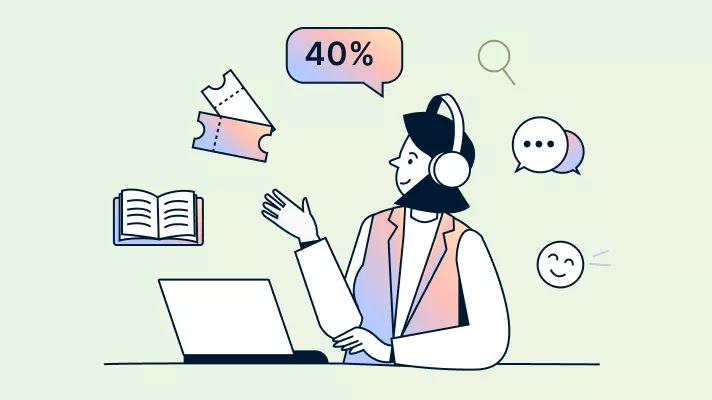 Illustration showing customer support with chat, knowledge base, and a 40% indicator.