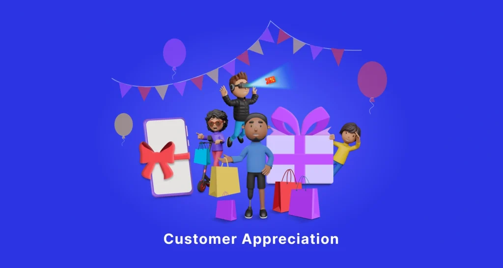 Animated scene of diverse characters with shopping bags, a gift box, and a phone with a bow amid balloons and bunting
