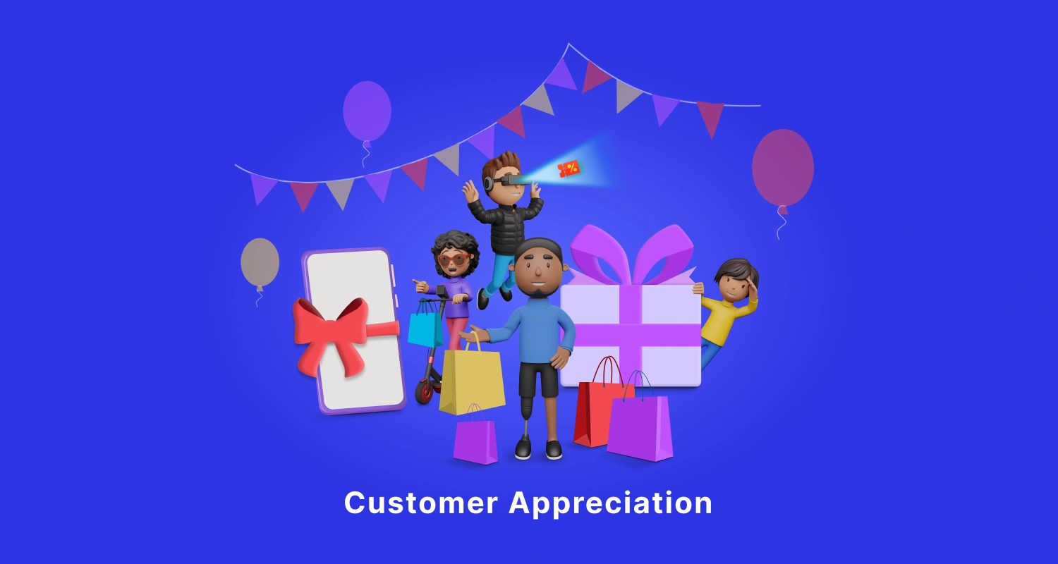 Animated scene of diverse characters with shopping bags, a gift box, and a phone with a bow amid balloons and bunting