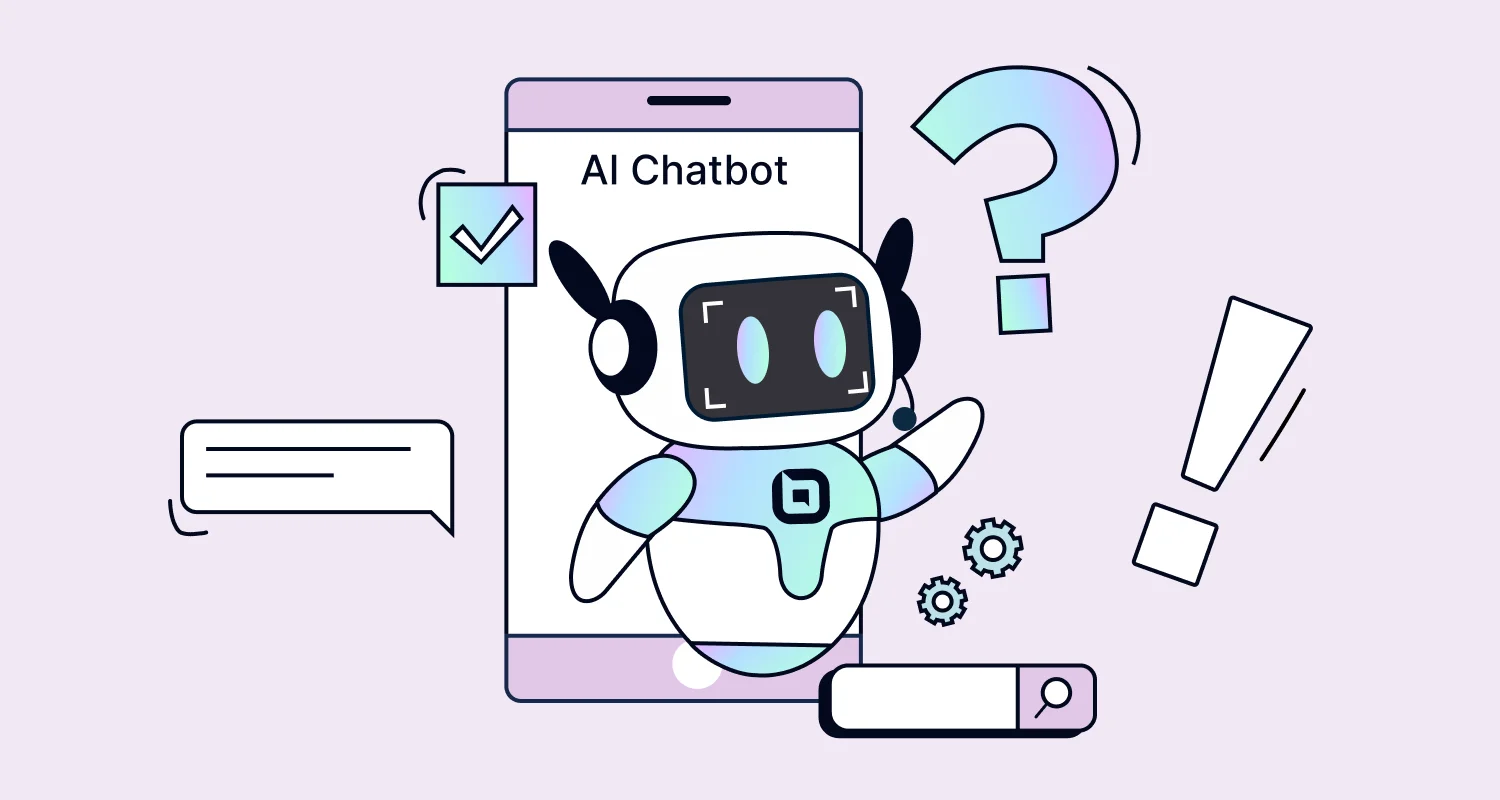 AI chatbot illustration showing automated conversations, question handling, and intelligent responses on a mobile interface.
