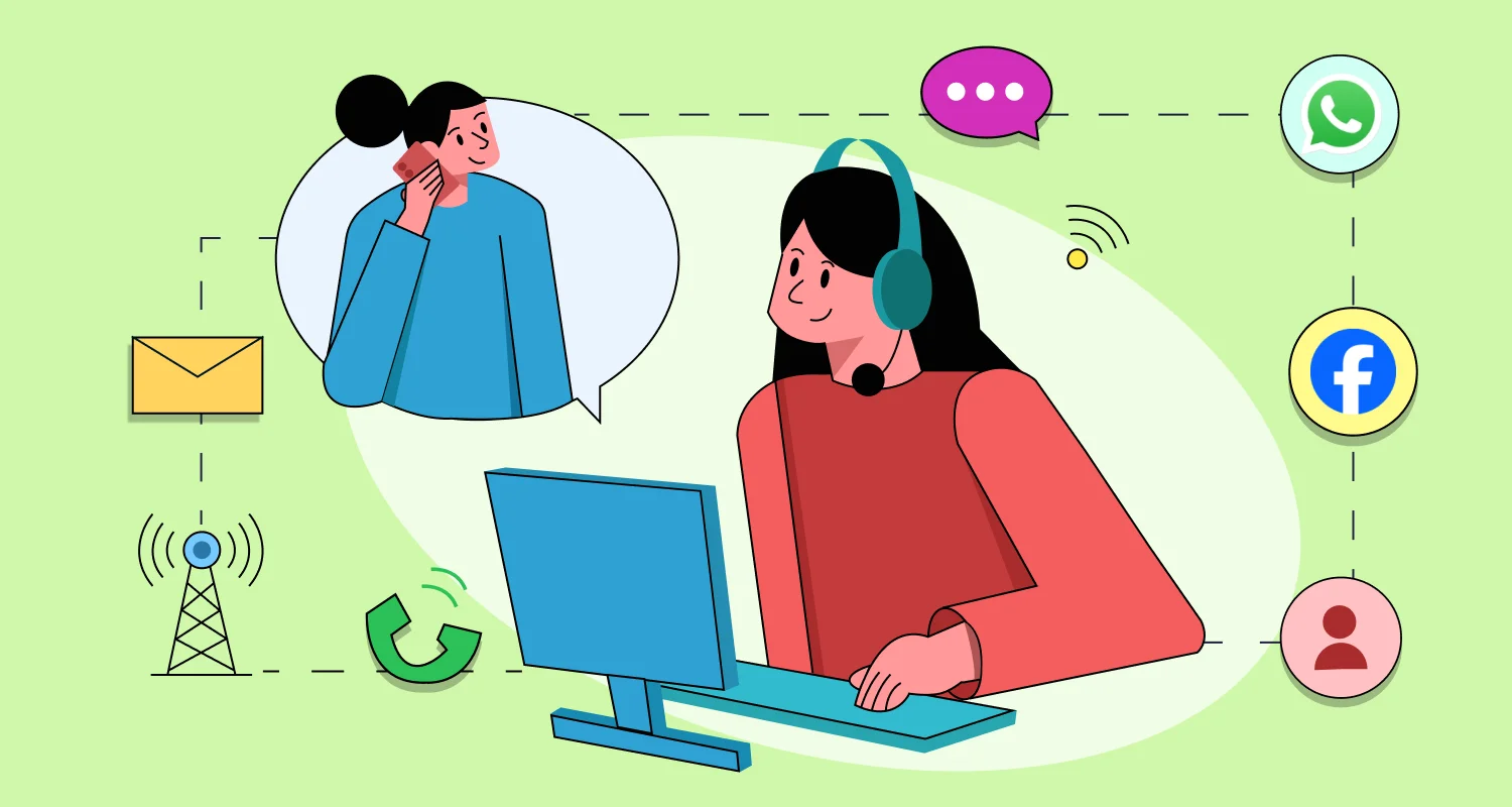 Customer support agent in a red top using a blue computer across WhatsApp, email, phone, and Facebook channels
