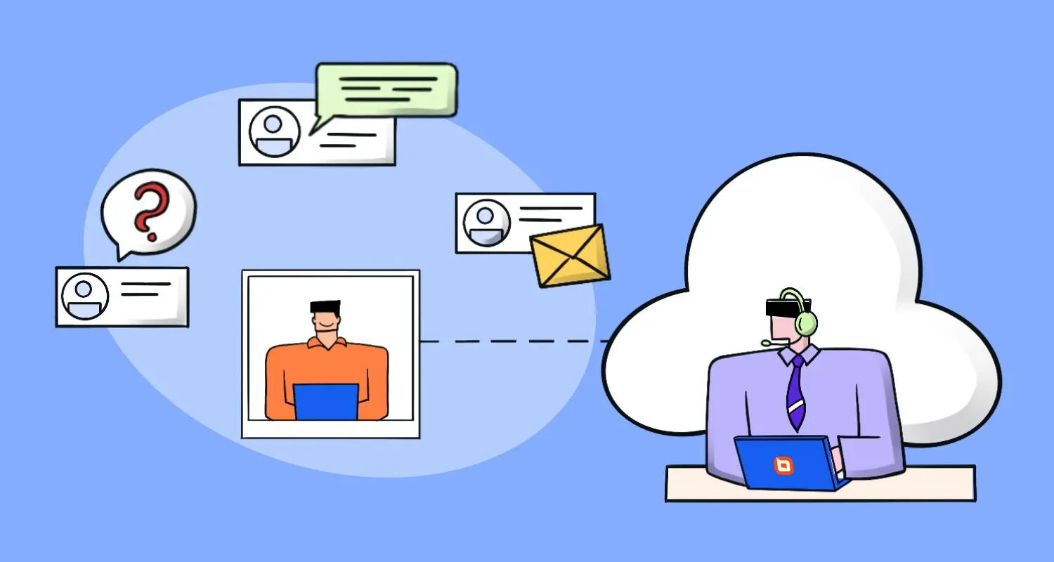 SaaS help desk software with support agent, laptop, cloud, customer messages, question marks, and email icons.