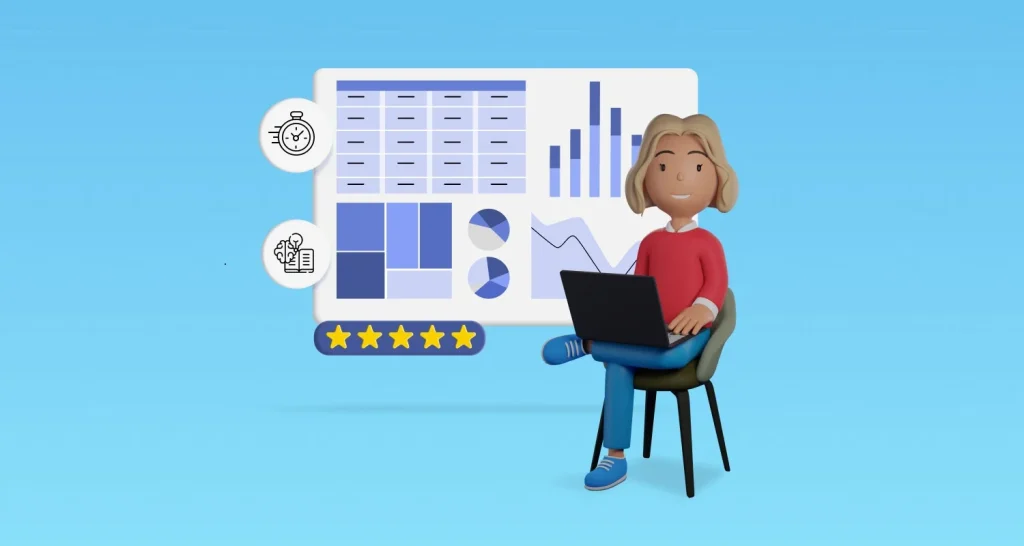 3D character sits on chair with laptop, analyzing blue and white data dashboard charts showing graphs and analytics