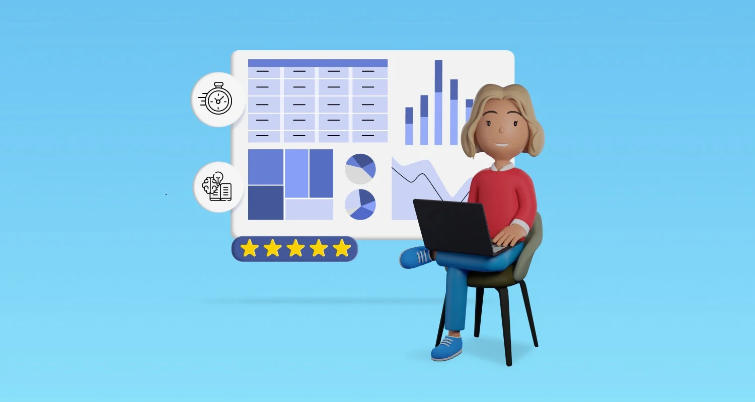 3D character sits on chair with laptop, analyzing blue and white data dashboard charts showing graphs and analytics