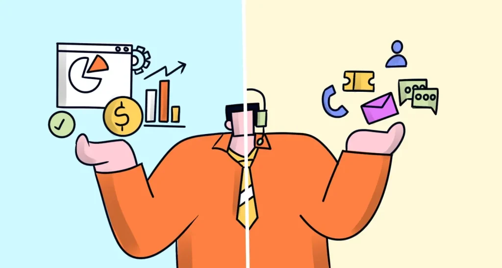 Split illustration of juggling tasks, showing analytics and communication that link sales and customer service goals.