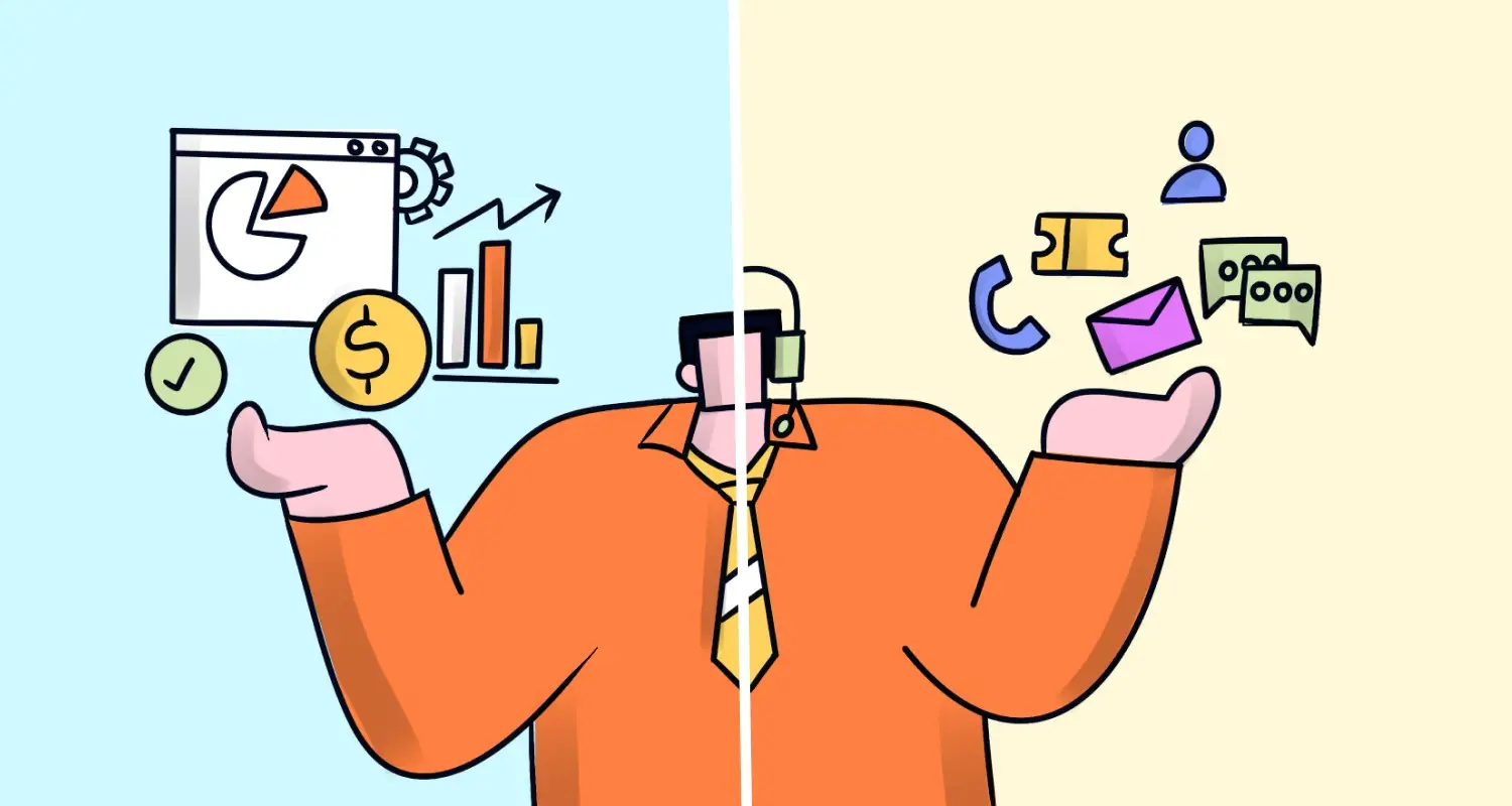 Split illustration of juggling tasks, showing analytics and communication that link sales and customer service goals.
