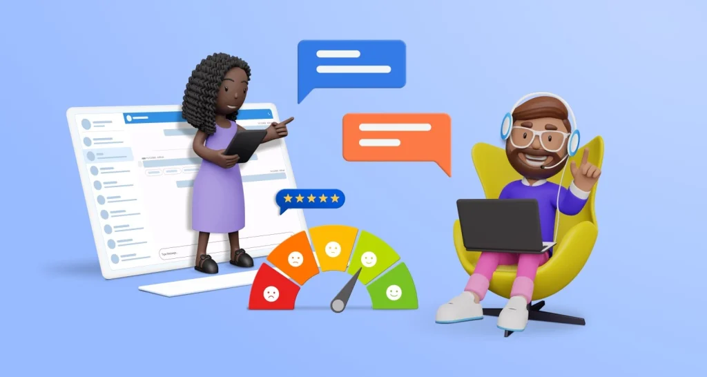 Live chat support illustration with customer service agents, chat bubbles, ratings dashboard, and laptop assistance