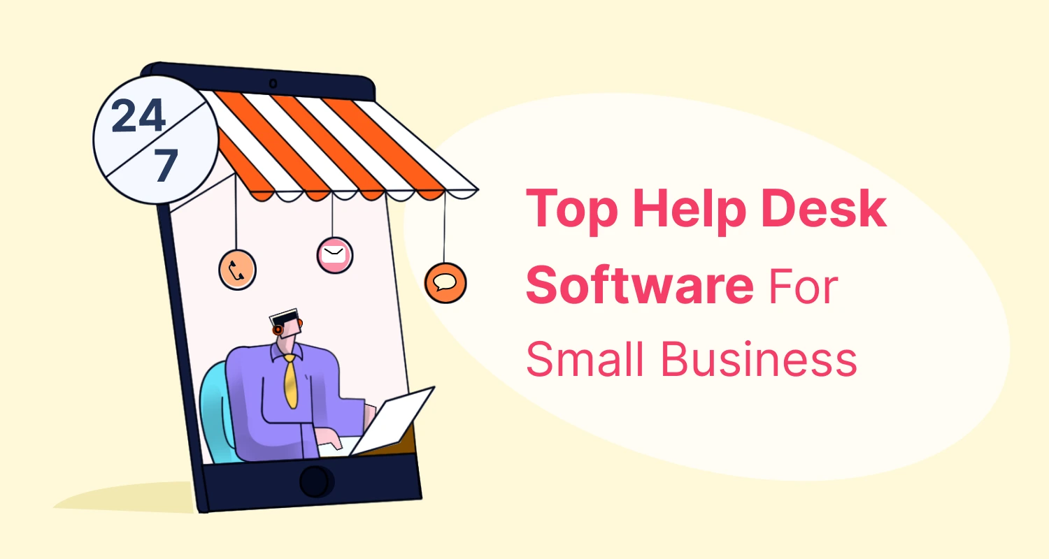 Small business help desk illustration with 24/7 support, ticketing dashboard, and customer service inside a smartphone.