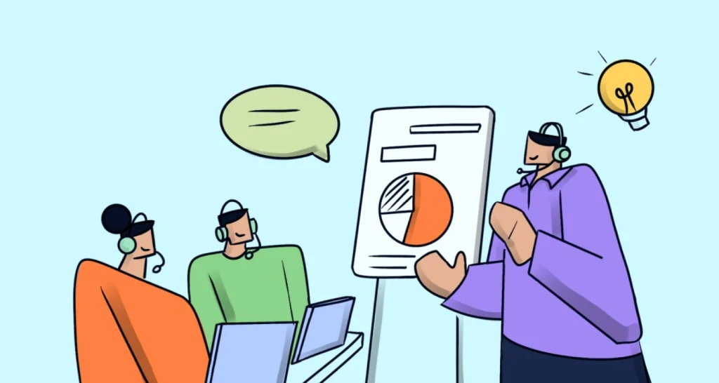 Orange, green, and purple figures reviewing a chart on a light blue background with a yellow lightbulb