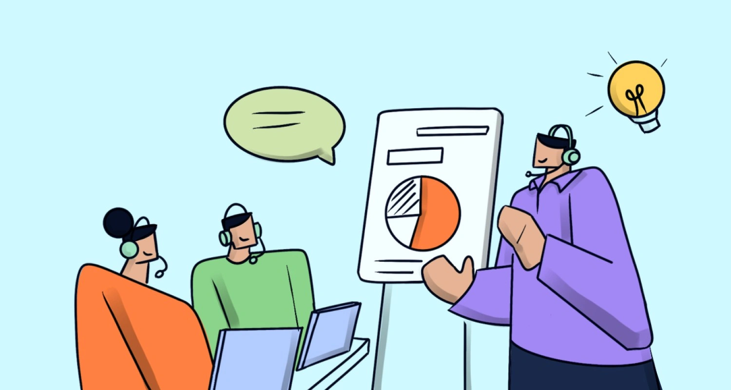 Orange, green, and purple figures reviewing a chart on a light blue background with a yellow lightbulb