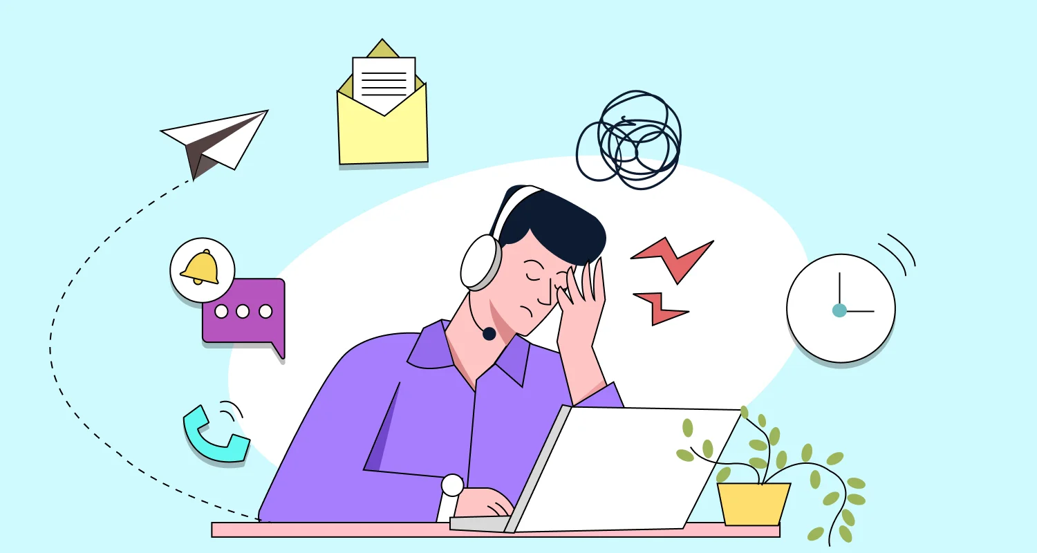 Banner image showing challenges in telecom customer service, with too many tasks and messages at once.