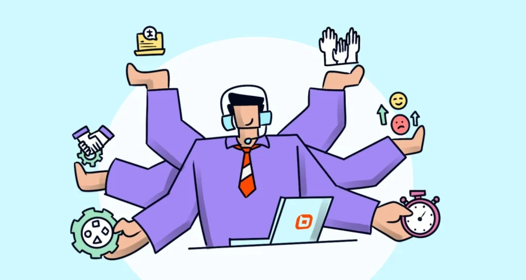 Person in a purple shirt multitasking with six arms, holding chat, email, and productivity icons on a light blue background
