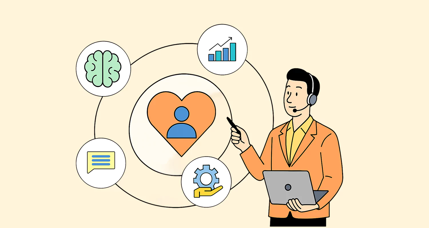 A person with laptop beside customer service icons in green, blue, orange, and gray