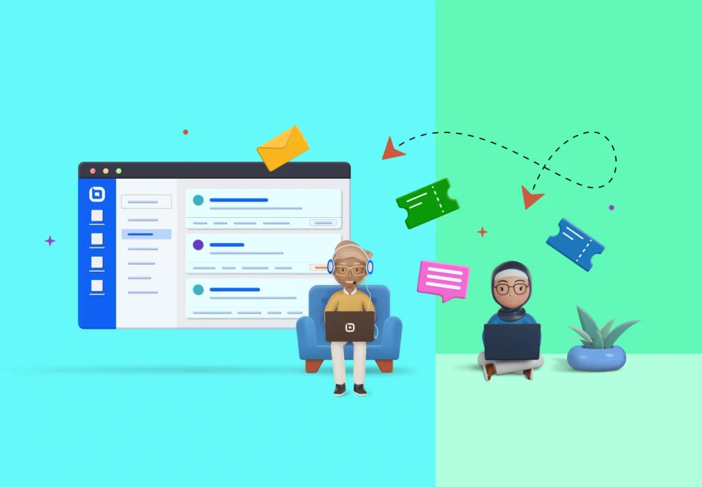 Illustration showing a customer support operations team managing workflows, tickets, and multichannel communication.