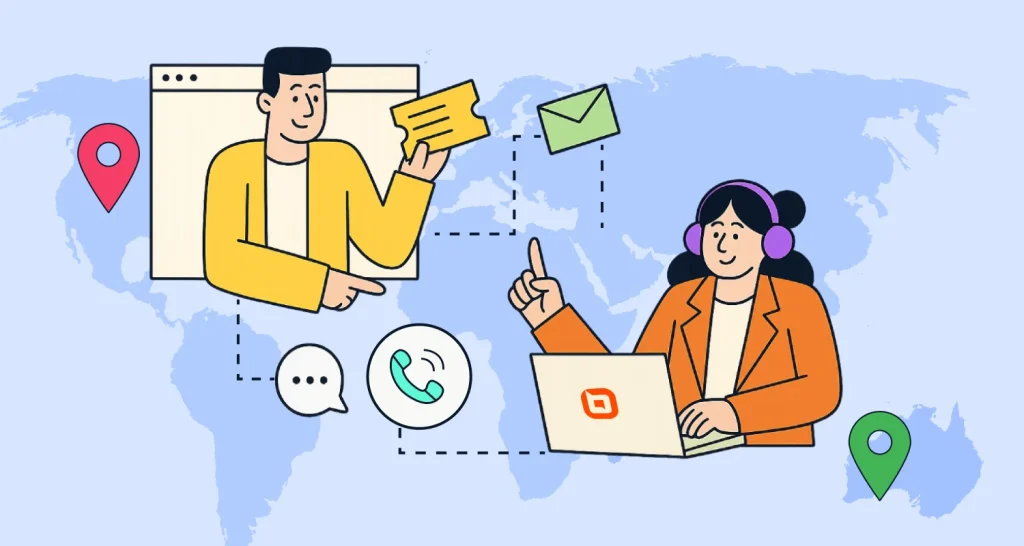Blue world map background with orange and yellow remote customer service illustration, laptop, messages, and location icons