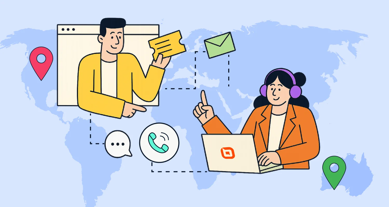 Blue world map background with orange and yellow remote customer service illustration, laptop, messages, and location icons