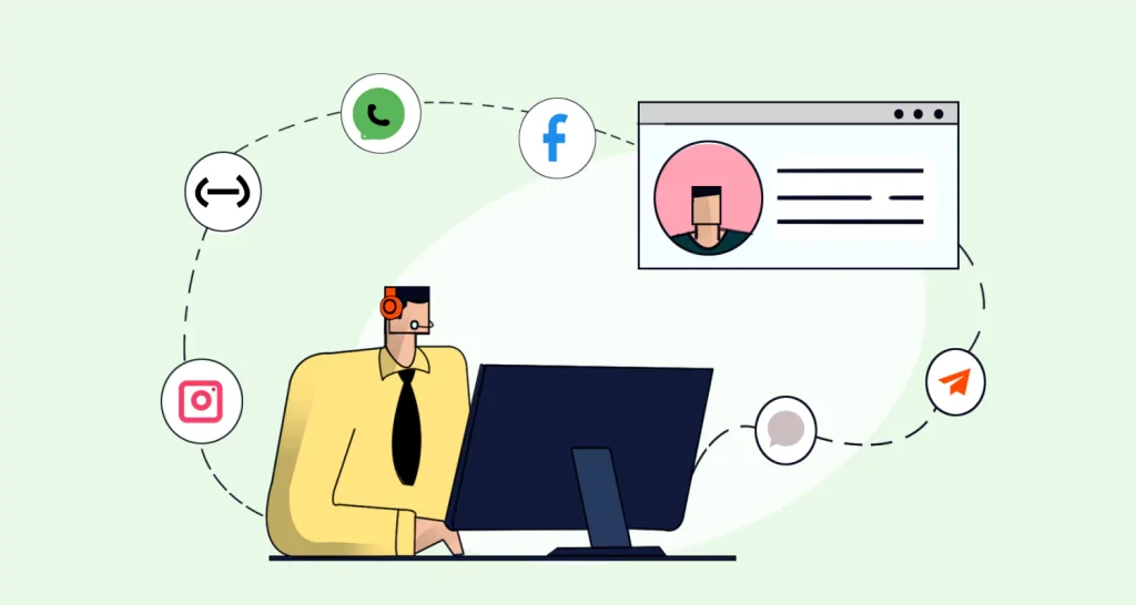 Omnichannel customer experience strategy showing unified support across WhatsApp, Facebook, Instagram, Telegram, and chat.