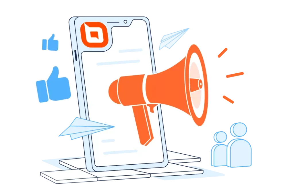 Illustration of a smartphone with a megaphone symbolizing a marketing team help desk solution.