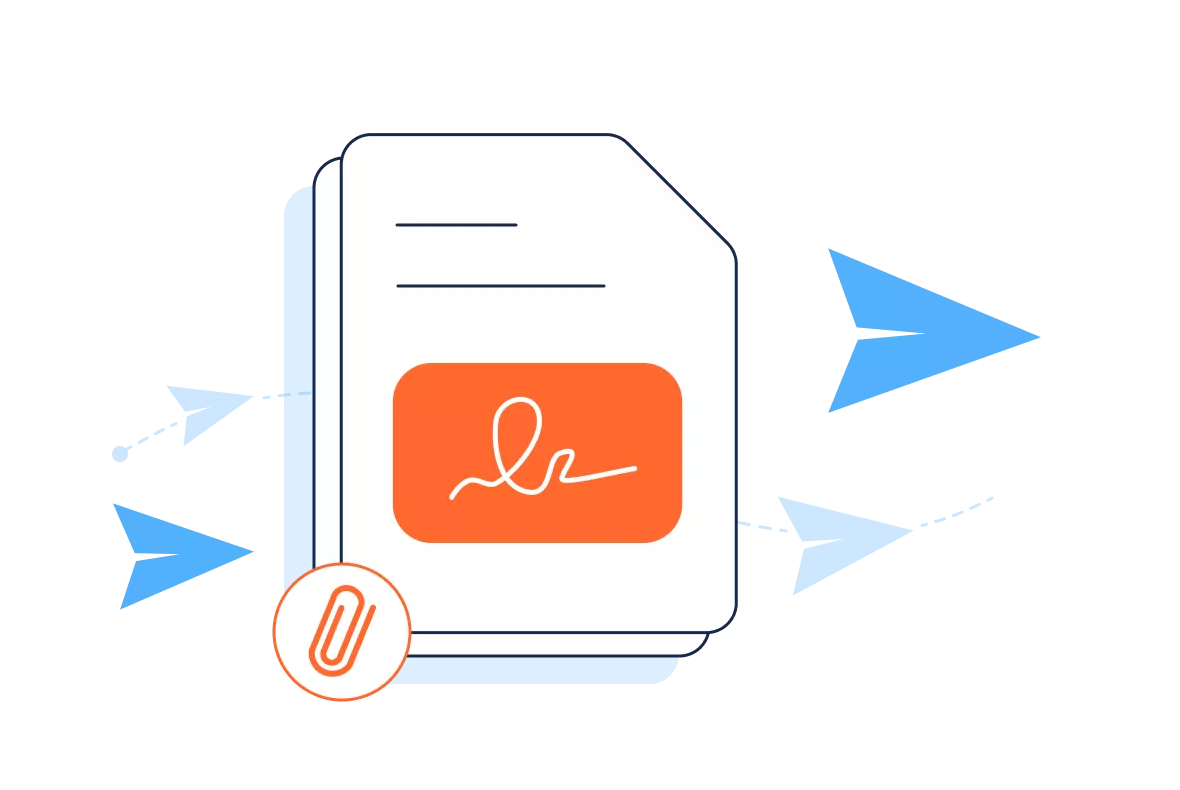 Signed document with attachment icon and send arrows, showing BoldSign integration for sharing completed agreements.