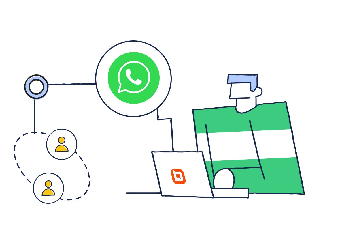 Person using a laptop with a large WhatsApp icon and user avatars, symbolizing communication on a black tech-themed background
