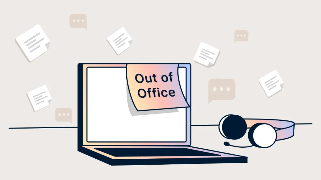 Illustration of a laptop with an note, representing out‑of‑office message templates for customer support teams.