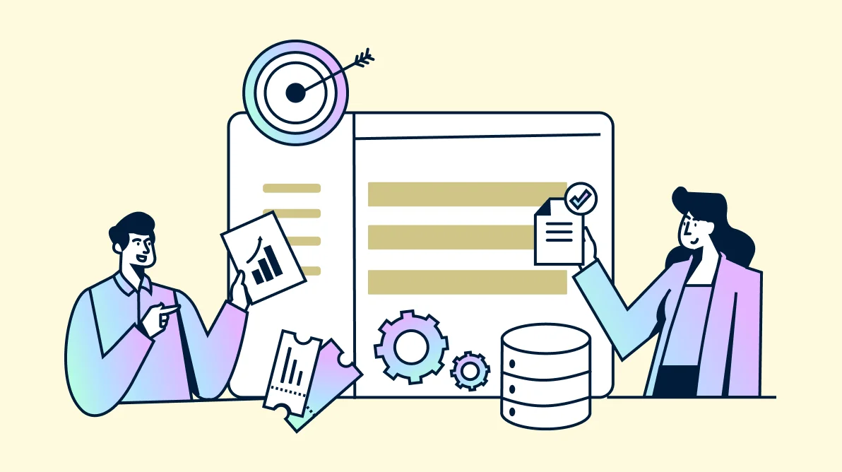 Two people analyzing charts, documents, and system data as part of organizing a Help desk pilot plan workflow.