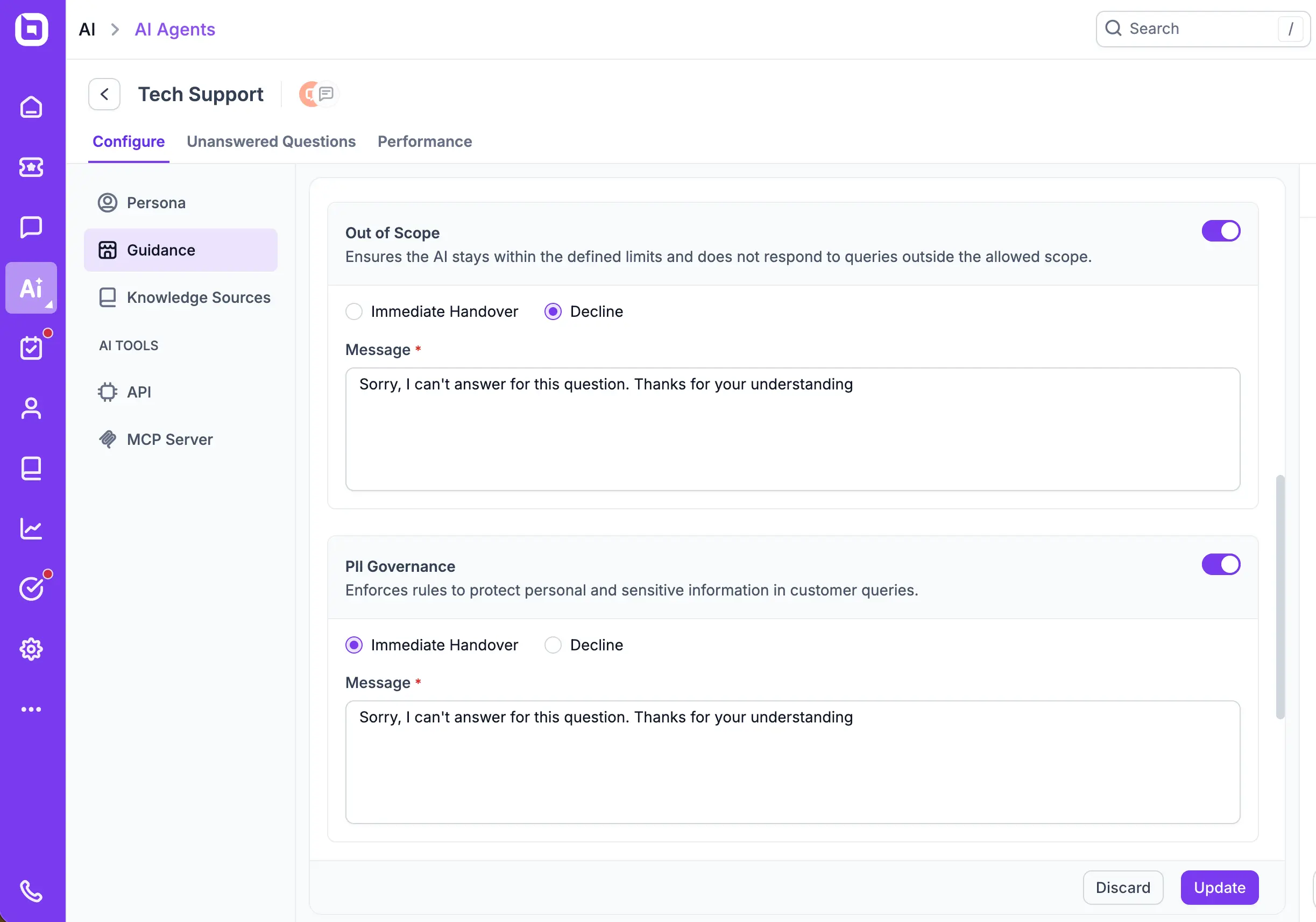 AI agent guidance settings for out-of-scope and PII query handling.