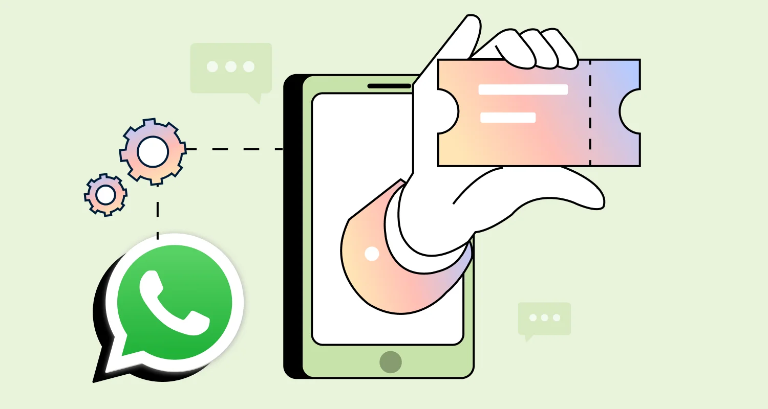 Illustration showing a smartphone with the WhatsApp logo, automation gears, and a hand pulling a ticket‑style card from the screen, representing WhatsApp automation and structured message handling.