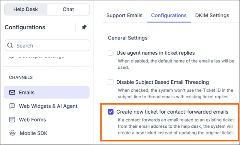 Email configuration setting to create new tickets for forwarded contact emails.