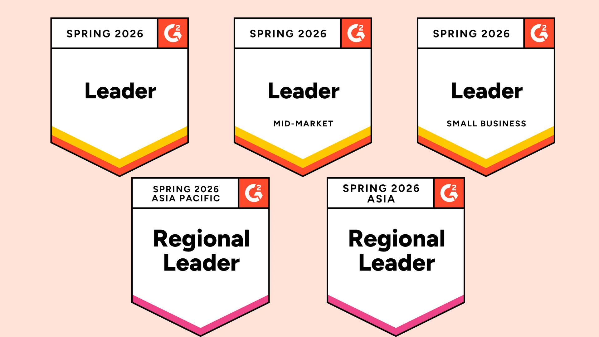 An image showing G2 Spring 2026 Leader and Regional Leader badges awarded to BoldDesk for Customer Communications Software.