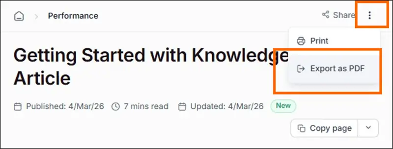 Knowledge base article menu with Export as PDF option.