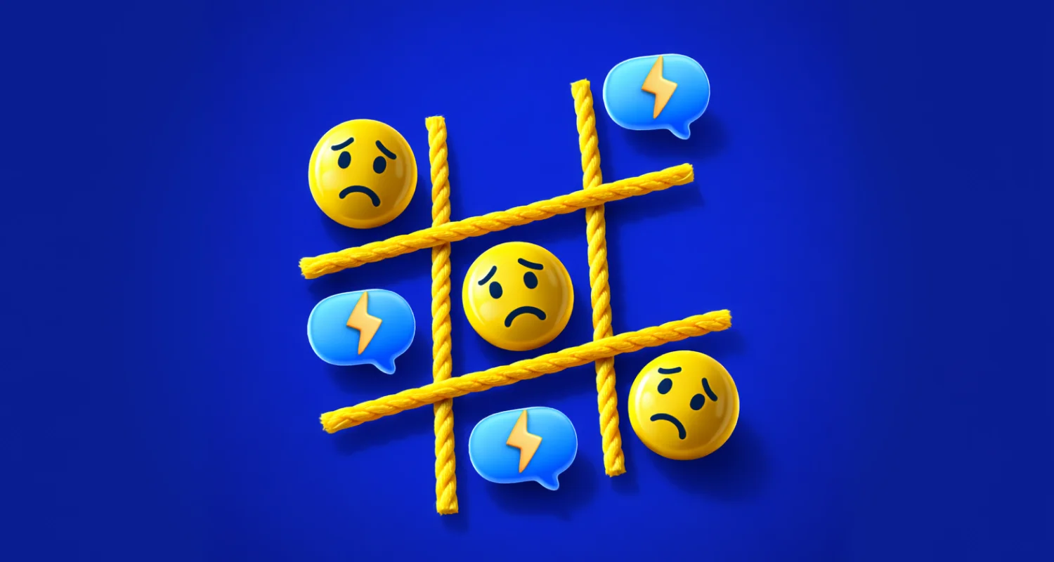 Fast replies vs customer happiness (webinar) visual showing unhappy emojis and chat lightning icons in a grid