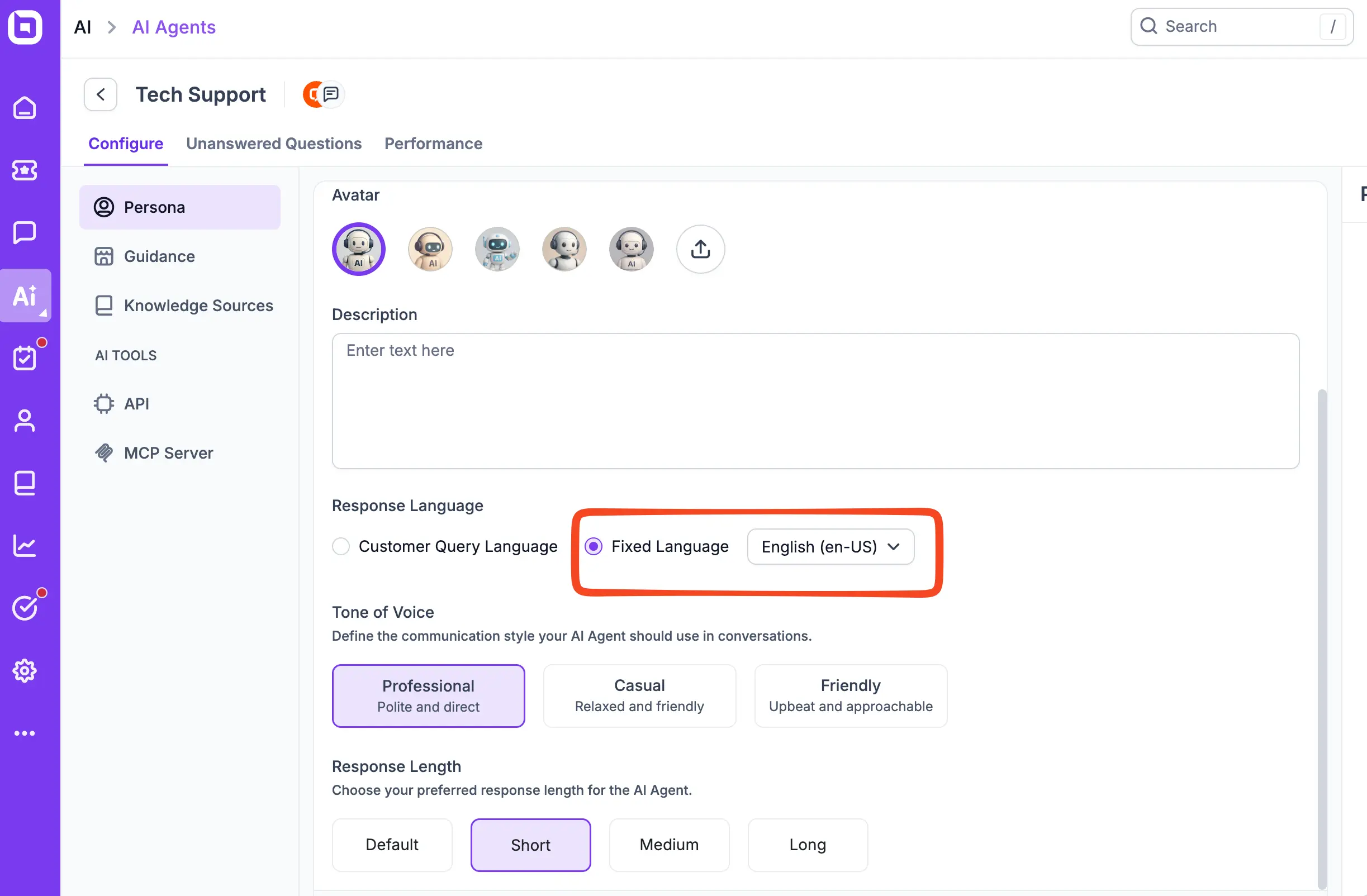 AI agent persona settings with fixed response language set to English.