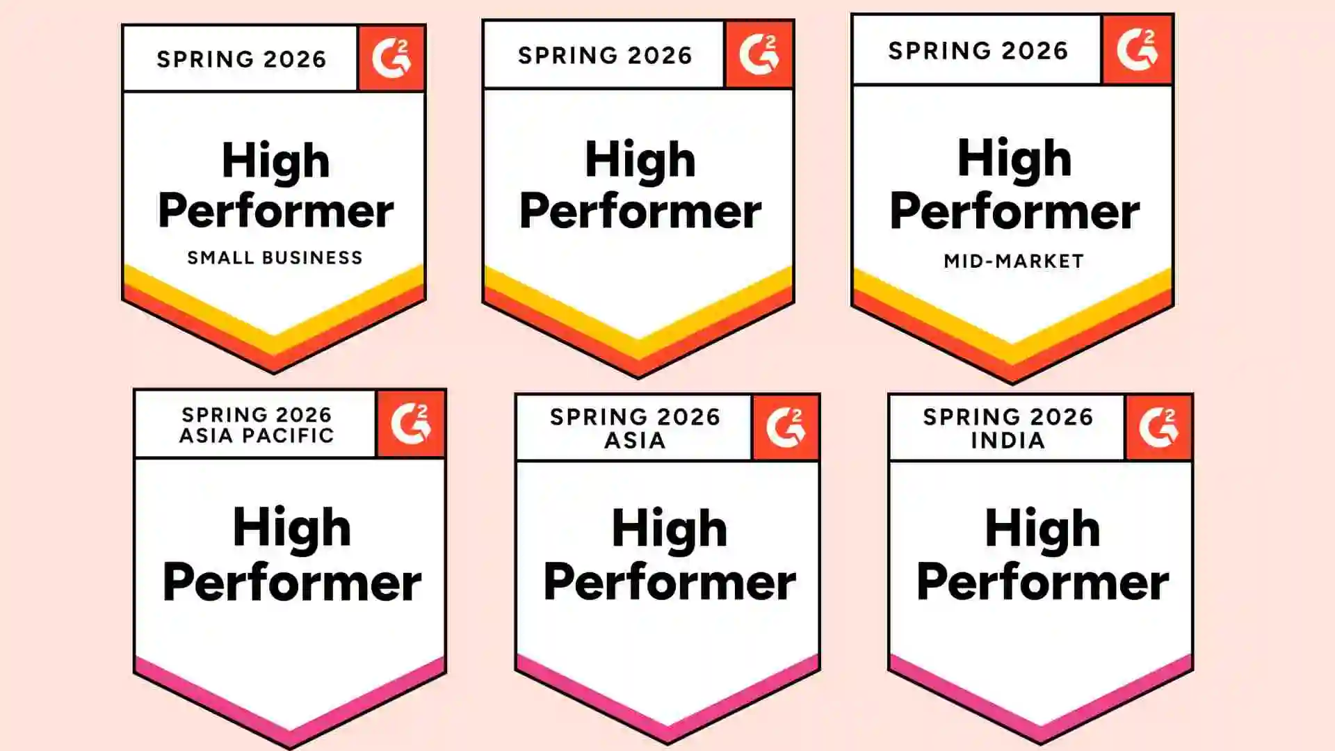 Infographic showing six G2 Spring 2026 Reports badges for BoldDesk’s High Performer status in knowledge base software.