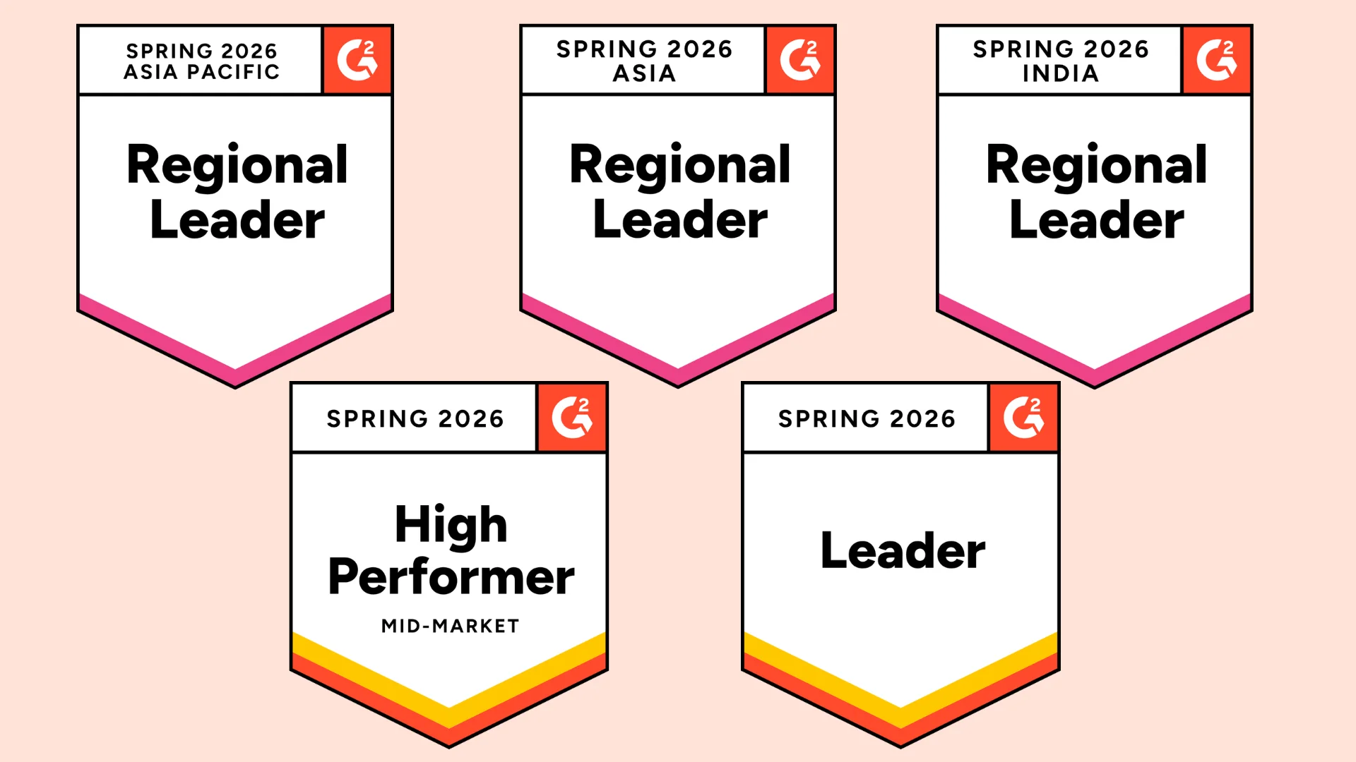 Image showing five G2 spring 2026 reports badges showing Leader, Regional Leader, and High Performer status for live chat.