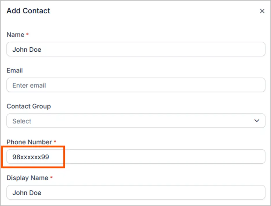 Add Contact form with phone number field containing a masked number.