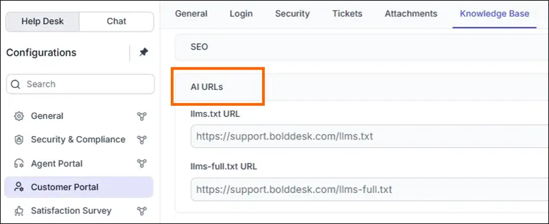 Customer portal knowledge base settings with AI URLs section highlighted.