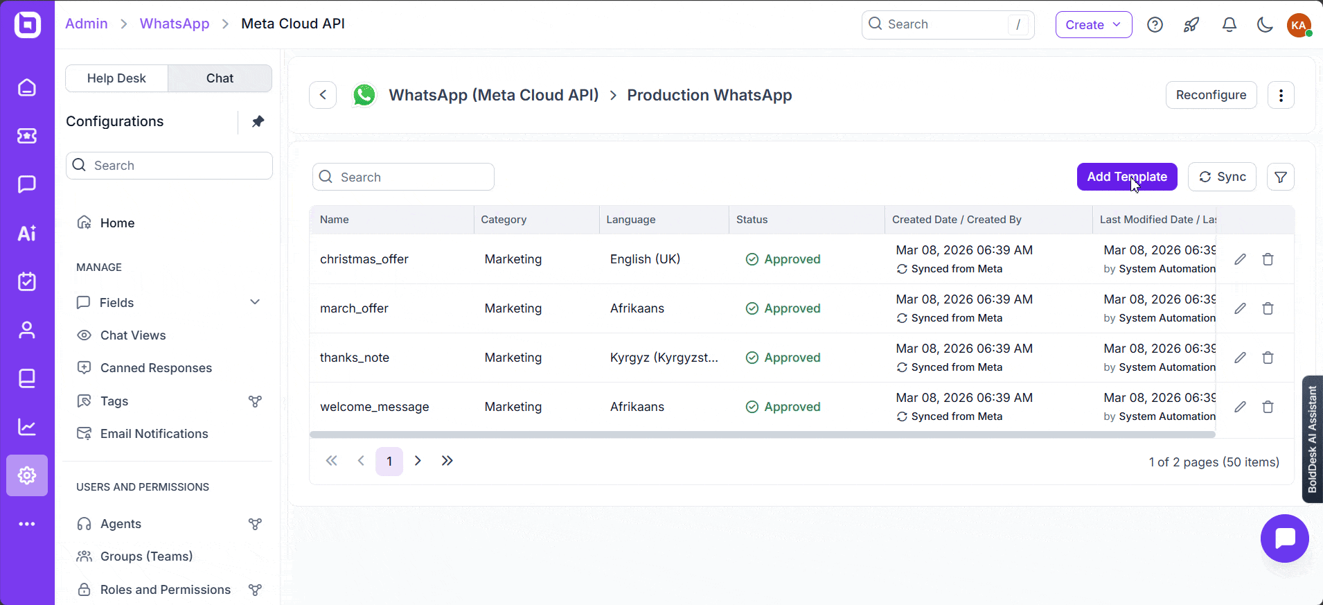 WhatsApp template management via Meta Cloud API