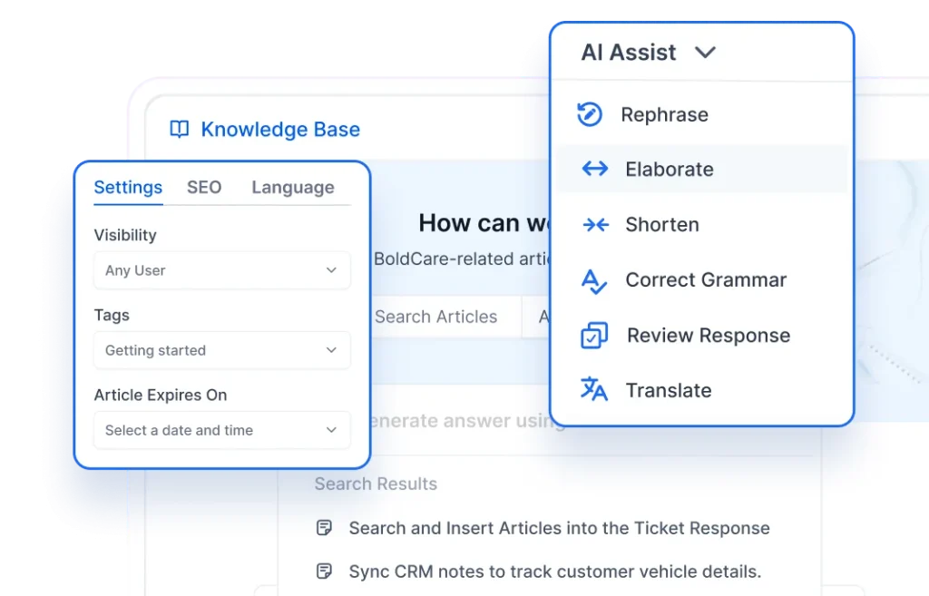 Automotive help desk software knowledge base with AI assist options for rephrase, elaborate, and grammar fix.